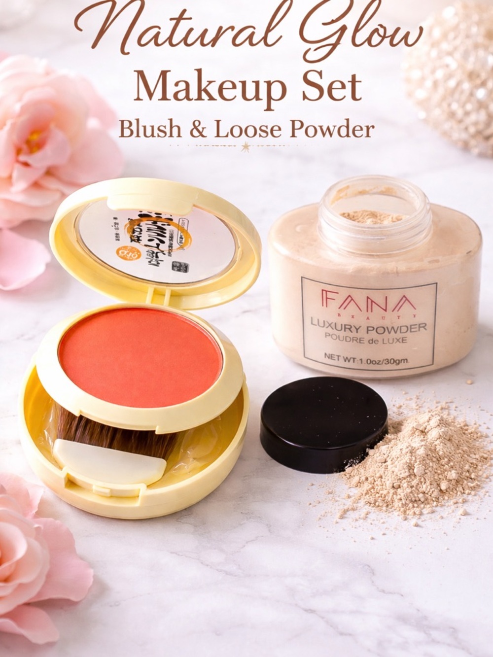 2 pcs a.n.a Radiant Peach-Pink Blush & Loose Powder Duo